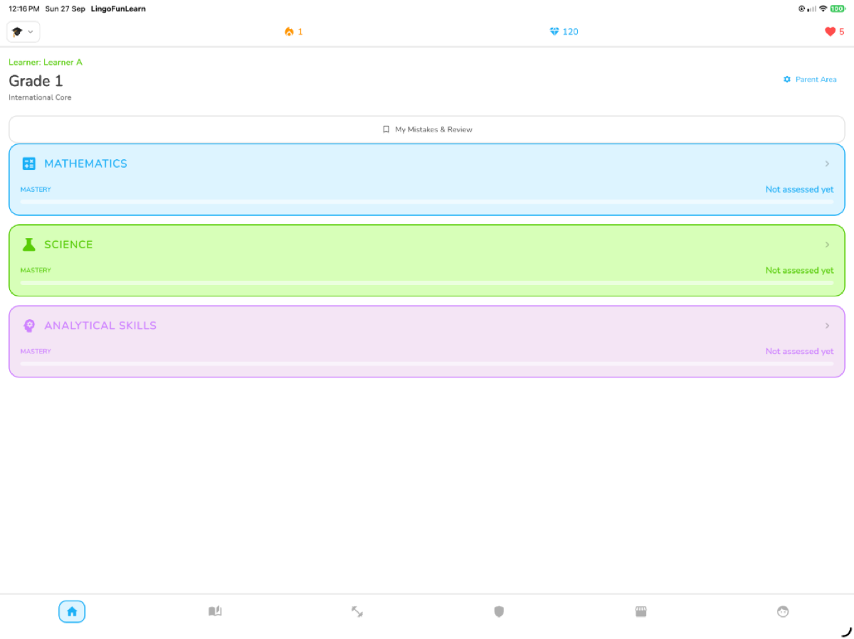 LingoFun Learn Grade 1 Dashboard showing Mathematics, Science, and Analytical Skills