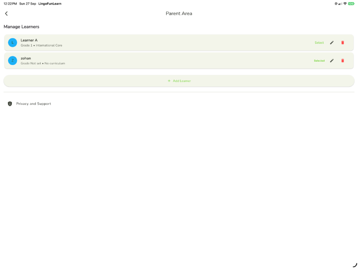 LingoFun Learn Parent Area screenshot showing Learner management and curriculum pathways
